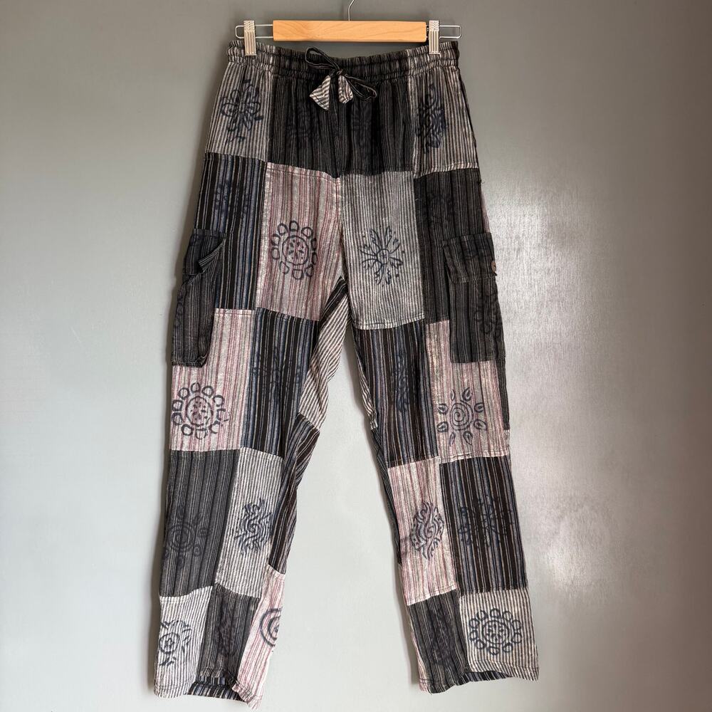 HIPPIE PANTS - M/L Grey Patchwork Style Cargo Lightweight Beach Pants Festival